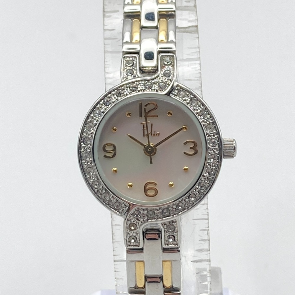 Folio Women's Watch 21mm Silver Gold Two Tone Crystals MOP New Battery 6.5"
